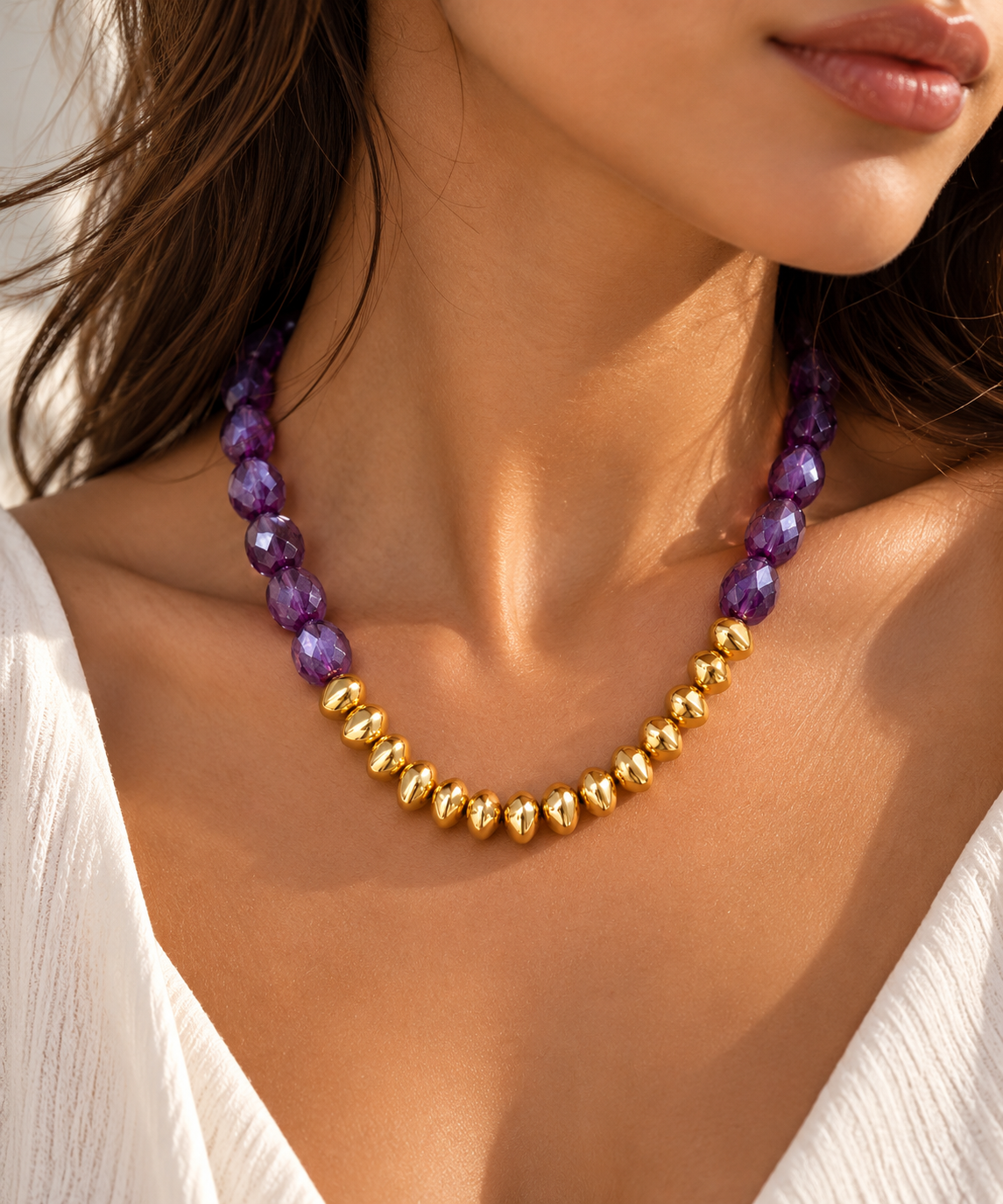 Collier Femme en Perles Violettes et Dorées – Collier Élégant & Tendance