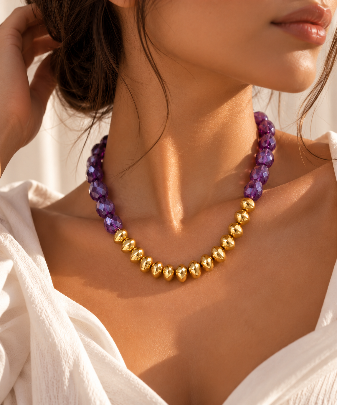 Collier Femme en Perles Violettes et Dorées – Collier Élégant & Tendance